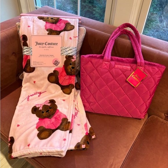 Juicy Couture Adorable Pink Bear w Bow Plush Blanket and Quilted Tote Bundle